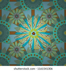 Blue, green and brown vector illustration. Floral illusion seamless pattern.