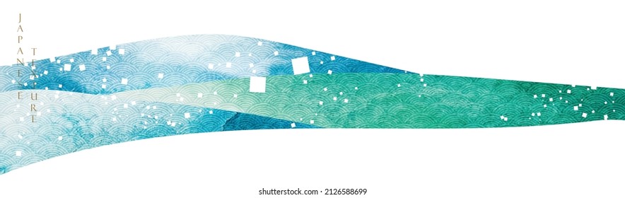 Blue and green brush stroke texture with Japanese ocean wave pattern in vintage style. Abstract art landscape banner design with watercolor texture vector.