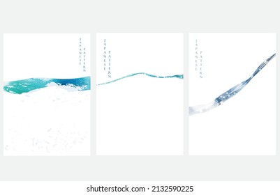 Blue and green brush stroke texture with Japanese ocean wave pattern in vintage style. Abstract art water surface art banner design with watercolor texture vector.