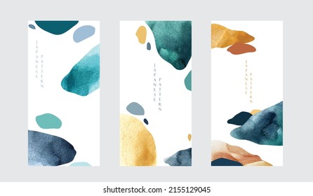 Blue and green brush stroke texture with Japanese pattern in vintage style. Abstract art mountain landscape banner design with watercolor texture vector. Stone and rock element.