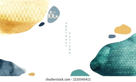 Blue and green brush stroke texture with Japanese ocean wave pattern in vintage style. Abstract art landscape art banner design with watercolor texture vector. Rock and stone element.