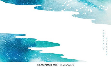 Blue and green brush stroke texture with Japanese ocean wave pattern in vintage style. Abstract art landscape art banner design with watercolor texture vector. Marine concept banner design.