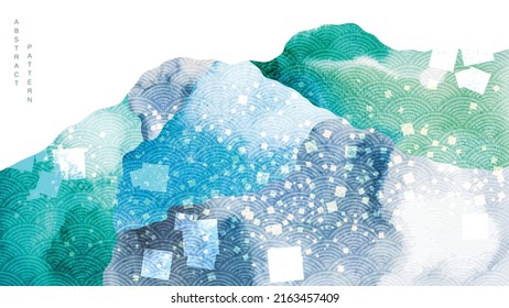 Blue And Green Brush Stroke Texture With Japanese Ocean Wave Pattern In Vintage Style. Abstract Art Landscape Art Banner Design With Watercolor Texture Vector In Japanese Style.