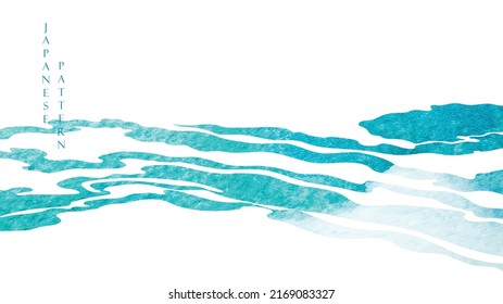 Blue and green brush stroke texture with Japanese ocean wave pattern in vintage style. Abstract art landscape banner design with watercolor texture vector.
