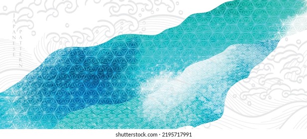 Blue and green brush stroke texture with Japanese ocean wave pattern in vintage style. Abstract art landscape art banner design with watercolor texture vector template.