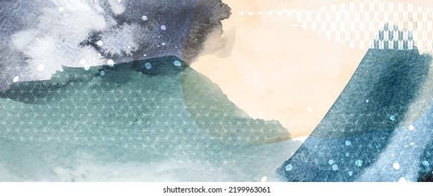 Trazo de pincel azul y verde con un patrón geométrico japonés en estilo vintage. Diseño de pancartas de arte abstracto con vector de textura acuarela al estilo japonés.
