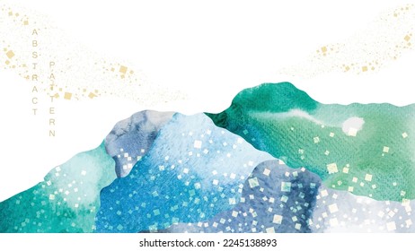 Blue and green brush stroke texture with Japanese ocean wave pattern in vintage style. Abstract art landscape banner design with watercolor texture vector.