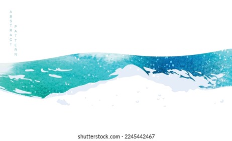 Blue and green brush stroke texture with Japanese ocean wave pattern in vintage style. Abstract art landscape banner design with watercolor texture vector. Water surface.