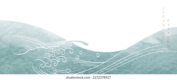 Blue and green brush stroke texture with Japanese ocean wave pattern in vintage style. Abstract art landscape banner design with watercolor texture vector. Water surface.