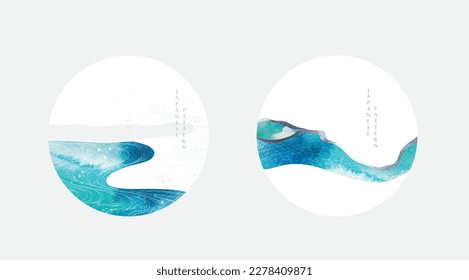 Blue and green brush stroke texture with Japanese ocean wave logo and icon in vintage style. Abstract art landscape banner design with watercolor texture vector. Water surface.