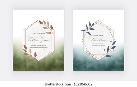 Blue and green brush stroke watercolor cards with geometric marble frames with leaves.