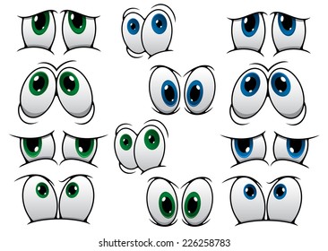 Blue and green cartoon eyes expressing a variety of different emotions isolated on white for comics design