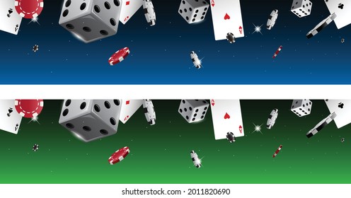 Blue and green casino banner background with dices and poker chips