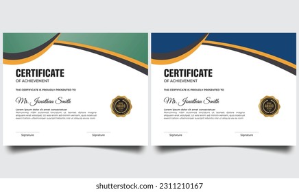 Blue and green Certificate of achievement template. Vector Illustration. 