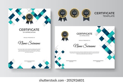 Blue and green certificate design in professional style. Elegant, clean and simple certificate template for seminar certificate, webinar, education, school, online course and more