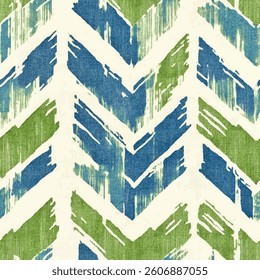 Blue and green chevron fabric print on a white background. grunge lines ikat pattern, striped seamless pattern, Vector illustration background for print the paper.