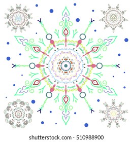Blue and green Christmas set with abstract snowflakes and dots on a white background. Vector illustration.