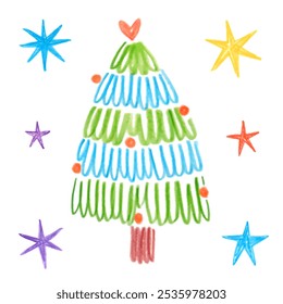 Blue and green Christmas tree and stars. Doodle drawing by hand with colored pencils. Cute simple children's drawings with crayon. Simple strokes, line drawing. New Year's element isolated on white.