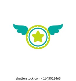 Blauer und grüner Kreis mit Flügeln und Stern. Flaches Aufkleber-Symbol. Medaille oder Etikett einzeln auf weiß. Akzeptieren Sie die Schaltfläche. Vektorillustration Award Illustration. Qualitätskontrolle. Zertifizierte Medaille. Genehmigter Stempel. Gültiges Siegel