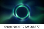 Blue green circular light frame on dark background. Shining light ring. Glowing blue green plasma circle. Abstract background, backdrop for displaying products, text, copy paste. Vector