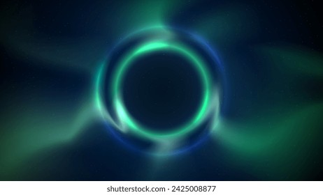 Blue green circular light frame on dark background. Shining light ring. Glowing blue green plasma circle. Abstract background, backdrop for displaying products, text, copy paste. Vector