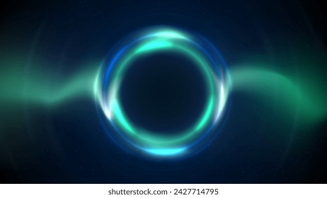 Blue green circular light frame on dark background. Shining light ring. Glowing green blue circle. Stage backdrop. Abstract background for displaying products, text, copy paste. Vector illustration