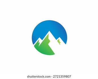 Blue and green circular mountain logo with snow-capped peaks, symbolizing elevation, nature, and outdoor lifestyle.