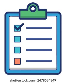 Blue and green clipboard with checklist and lines. Vector illustration