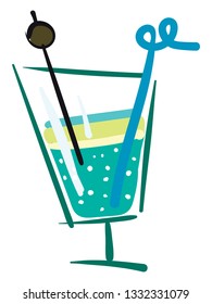 A blue and green cocktail in a green transparent glass with a blue straw, vector, color drawing or illustration.