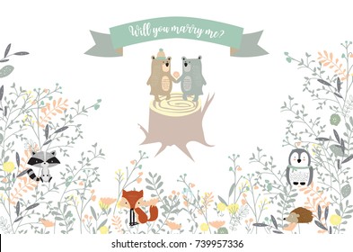 Blue green collection for banners,Placards with leaf,flower,bear,fox,skunk and penguin