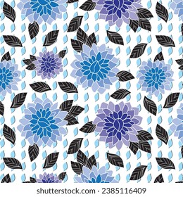 Blue and Green color flowers black leaves hand drawn background pattern