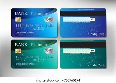 blue and green color, front and back realistic credit card set for business and banking with vector illustration design eps 10
