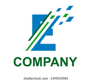 blue and green color logo symbol digital slice type letter e like pixel image initial business logo design idea illustration shape for modern premium corporate