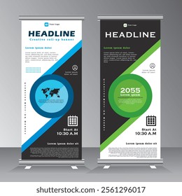 Blue and green color roll up business brochure flyer banner design vertical template, cover presentation background, modern publication x-banner and flag-banner, Roll up banner stand, vector eps 10