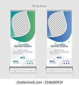 Blue and green Color Scheme with City Background Business Roll Up Design Template Can be adapt to Brochure, Magazine, Poster, Corporate Presentation, Flag Banner Design