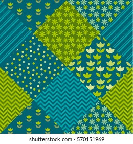 blue and green color tulip flower and geometry motif patchwork. simple assorted patch vector illustration design. seamless background for wrapping paper or fabric
