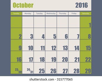 Blue green colored 2016 calendar design for october month
