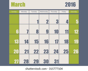 Blue green colored 2016 calendar design for march month