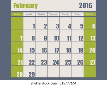 Blue green colored 2016 calendar design for february month