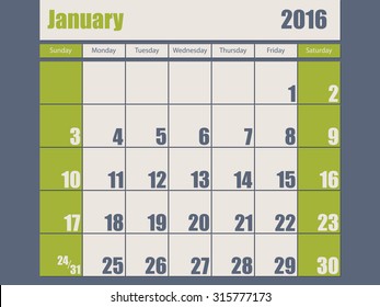 Blue green colored 2016 calendar design for january month