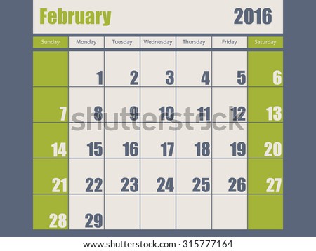 Blue green colored 2016 calendar design for february month