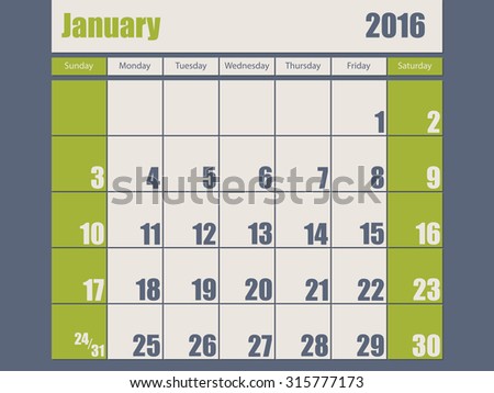 Blue green colored 2016 calendar design for january month