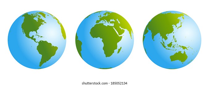 Blue and green colored illustration of the earth from three different angles: America, Europe and Africa, Asia and Australia.