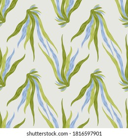 Blue and green colored seaweeds ornament seamless aqua pattern. Simple hand drawn marine artwork with grey background. For wallpaper, textile, wrapping paper, fabric print. Vector illustration.