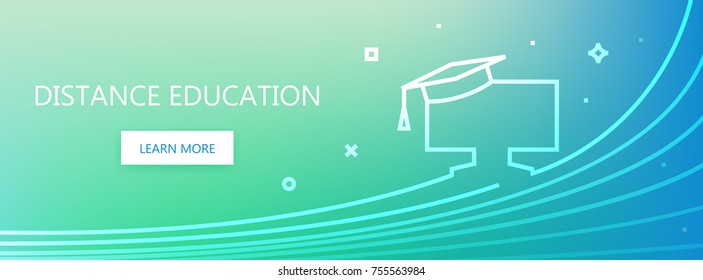 Blue and green colored vector banner with distance education words and mortarboard on monitor in linear style.