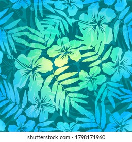 Blue and green colors hibiscus flowers and leaves silhouettes vector tropic summer floral pattern