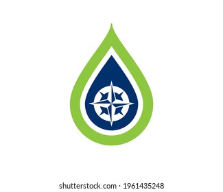 blue green compass inside waterdrops