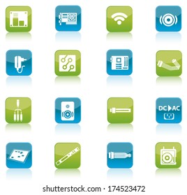 Blue and green computer and accessories icon isolated on white background