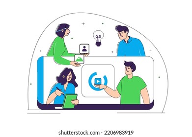 Blue and green concept App development with people scene in the flat cartoon style. Development team is working on creating a new mobile app. Vector illustration.