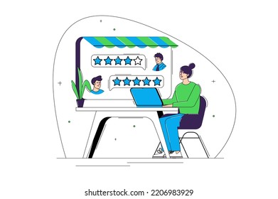 Blue and green concept Best feedback with people scene in the flat cartoon design. Woman gets great reviews from users. Vector illustration.